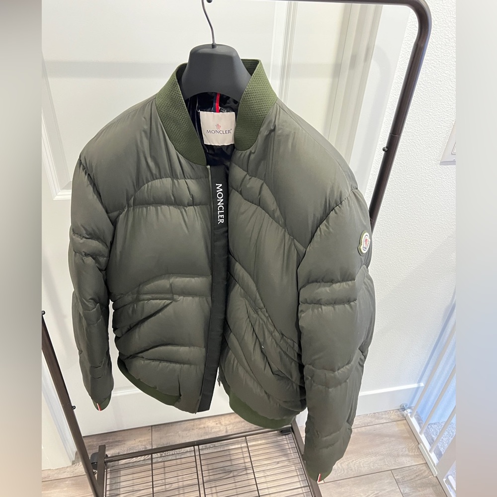 Moncler Olive Green Quilted Down Bomber Jacket